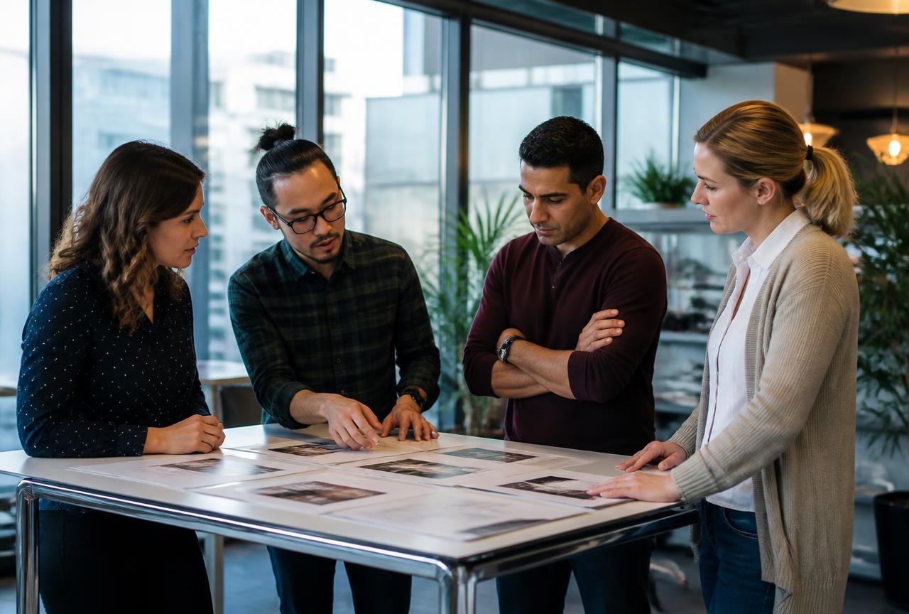 A corporate innovation team reviewing venture plans together